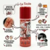Beneficios y Usos de la Sangre en Spray Infografía que muestra las ventajas del spray de sangre: acabado profesional, secado rápido, no mancha una vez seco, fórmula segura fabricada en España y uso versátil en piel, ropa y superficies.