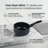 Infografía del cazo de 18cm mostrando el mango ergonómico de tacto frío, ahorro de energía y recubrimiento saludable.