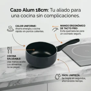 Infografía del cazo de 18cm mostrando el mango ergonómico de tacto frío, ahorro de energía y recubrimiento saludable.