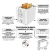 Infografía detallada de la tostadora blanca CT-818 mostrando sus medidas (23cm), ranuras de 30mm para pan grueso, 7 niveles de tostado, 700W de potencia y bandeja recogemigas.