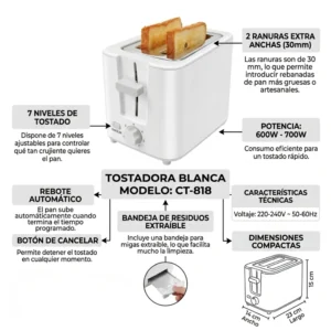 Infografía detallada de la tostadora blanca CT-818 mostrando sus medidas (23cm), ranuras de 30mm para pan grueso, 7 niveles de tostado, 700W de potencia y bandeja recogemigas.