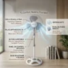 Infografía de ventilador DVTECH destacando su altura ajustable, panel de control intuitivo y bajo nivel de ruido para dormitorios.