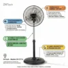 Infografía de ventilador con oscilación 360 grados, bajo consumo de 50W, temporizador de 7.5 horas y nivel de ruido menor a 45dB.