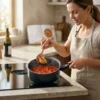 Mujer cocinando salsa de tomate en un cazo de aluminio sobre placa de inducción, destacando la distribución de calor uniforme.