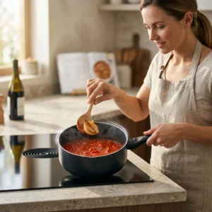 Mujer cocinando salsa de tomate en un cazo de aluminio sobre placa de inducción, destacando la distribución de calor uniforme.