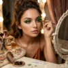 Mujer aplicando pestañas postizas verdes con pinzas frente a un espejo, ideal para cosplay y eventos de noche.