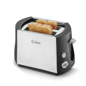 Vista frontal de estudio de la tostadora Kiwi para 2 rebanadas de acero inoxidable con dos tostadas listas, mostrando el dial de control de 7 niveles y la palanca de elevación, sobre fondo blanco aislado.