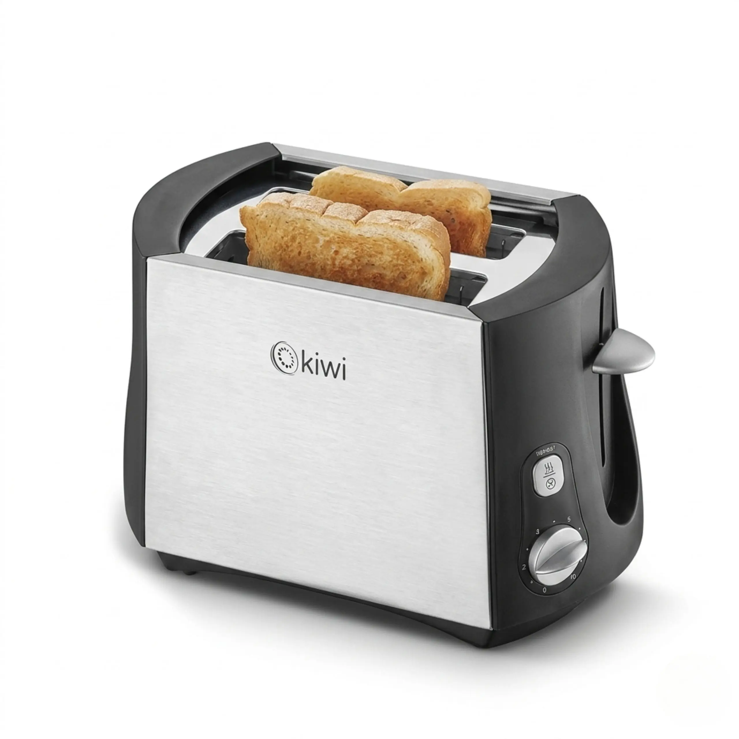 Vista frontal de estudio de la tostadora Kiwi para 2 rebanadas de acero inoxidable con dos tostadas listas, mostrando el dial de control de 7 niveles y la palanca de elevación, sobre fondo blanco aislado.