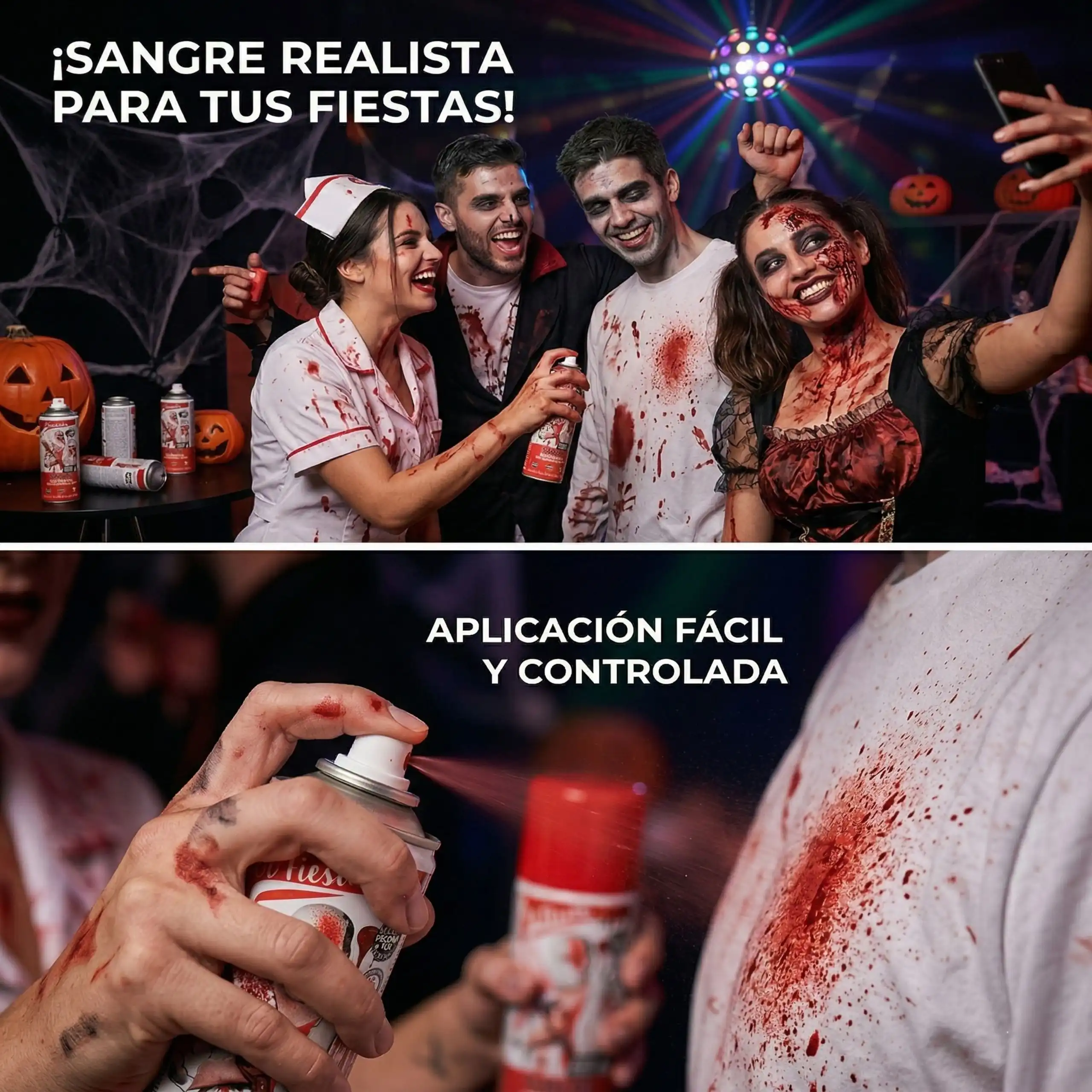 Resultado Realista en Disfraces de Grupo Collage de dos fotos: arriba, un grupo de amigos disfrazados de enfermera, vampiro y zombie divirtiéndose; abajo, un primer plano del spray aplicándose sobre una camiseta blanca para crear un efecto de salpicadura de sangre realista.
