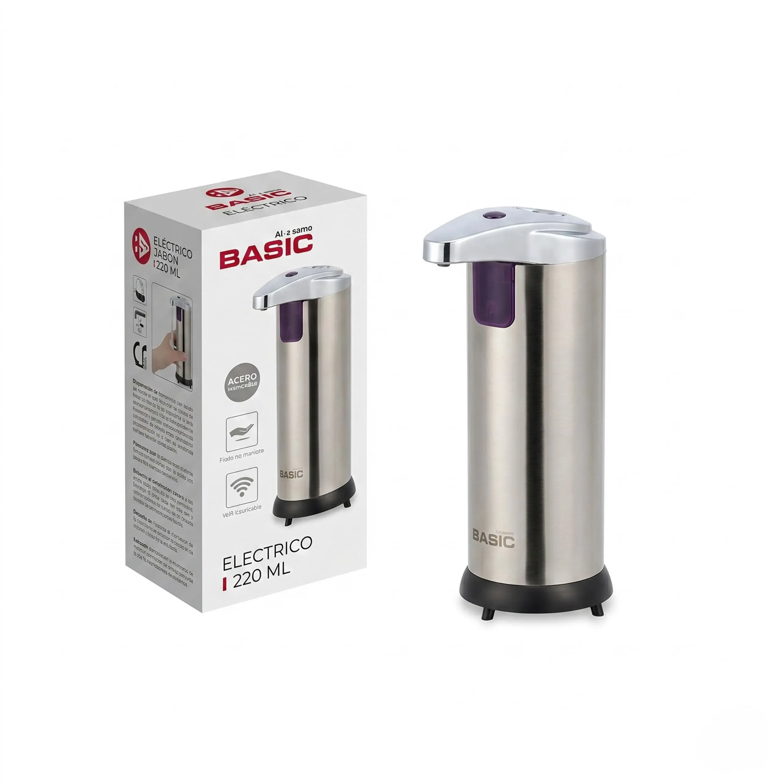 Dispensador de Jabón Automático Basic 220ml Dispensador de jabón automático de acero inoxidable de 220ml en su caja original para cocina y baño.