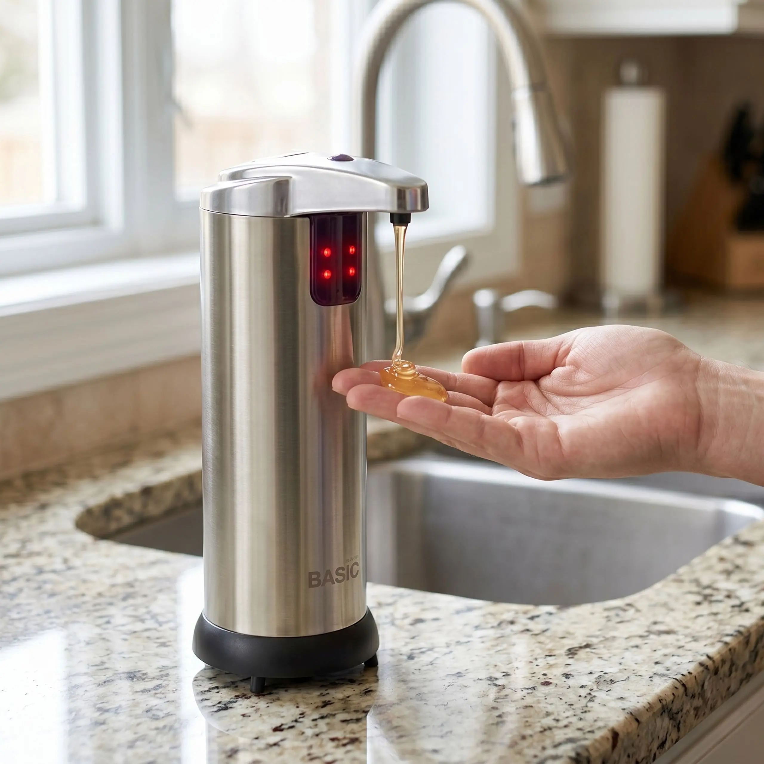 Dispensador automático de jabón para fregadero de cocina Persona usando dispensador de jabón automático en una cocina moderna para evitar la contaminación cruzada al cocinar.