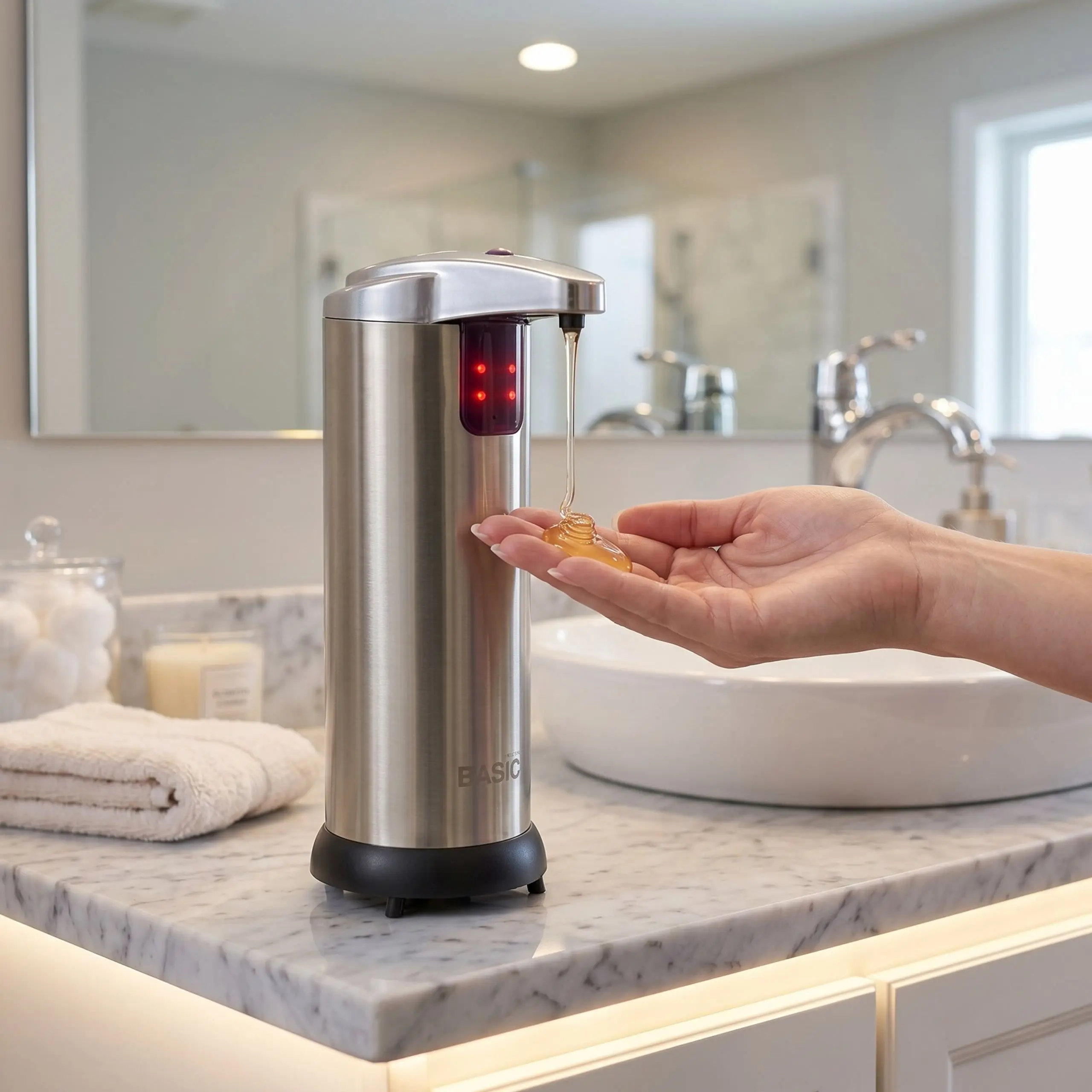 Dosificador de jabón líquido para baño de diseño Dosificador de jabón con sensor automático ubicado sobre mármol en un baño elegante, dispensando gel de color ámbar.