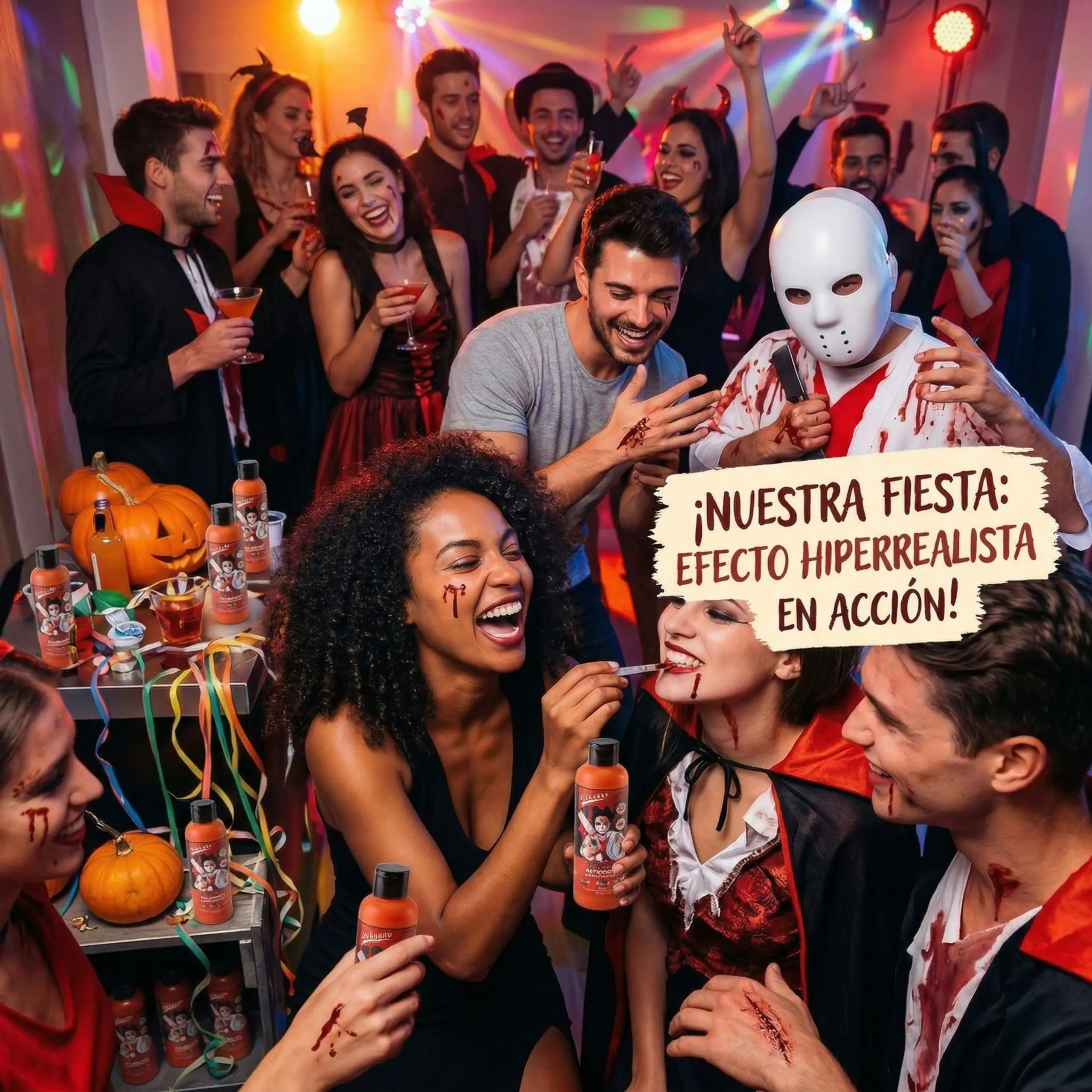 Resultado Hiperrealista en Fiesta de Halloween Un grupo de amigos disfrazados en una fiesta con luces de discoteca, aplicando sangre decorativa realista en el labio de una mujer. Varias botellas del producto están sobre la mesa. Un cartel superpuesto dice "¡NUESTRA FIESTA: EFECTO HIPERREALISTA EN ACCIÓN!".