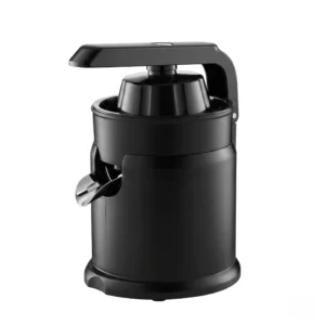 Exprimidor de cítricos eléctrico con sistema de palanca profesional y cuerpo de acero inoxidable negro mate.