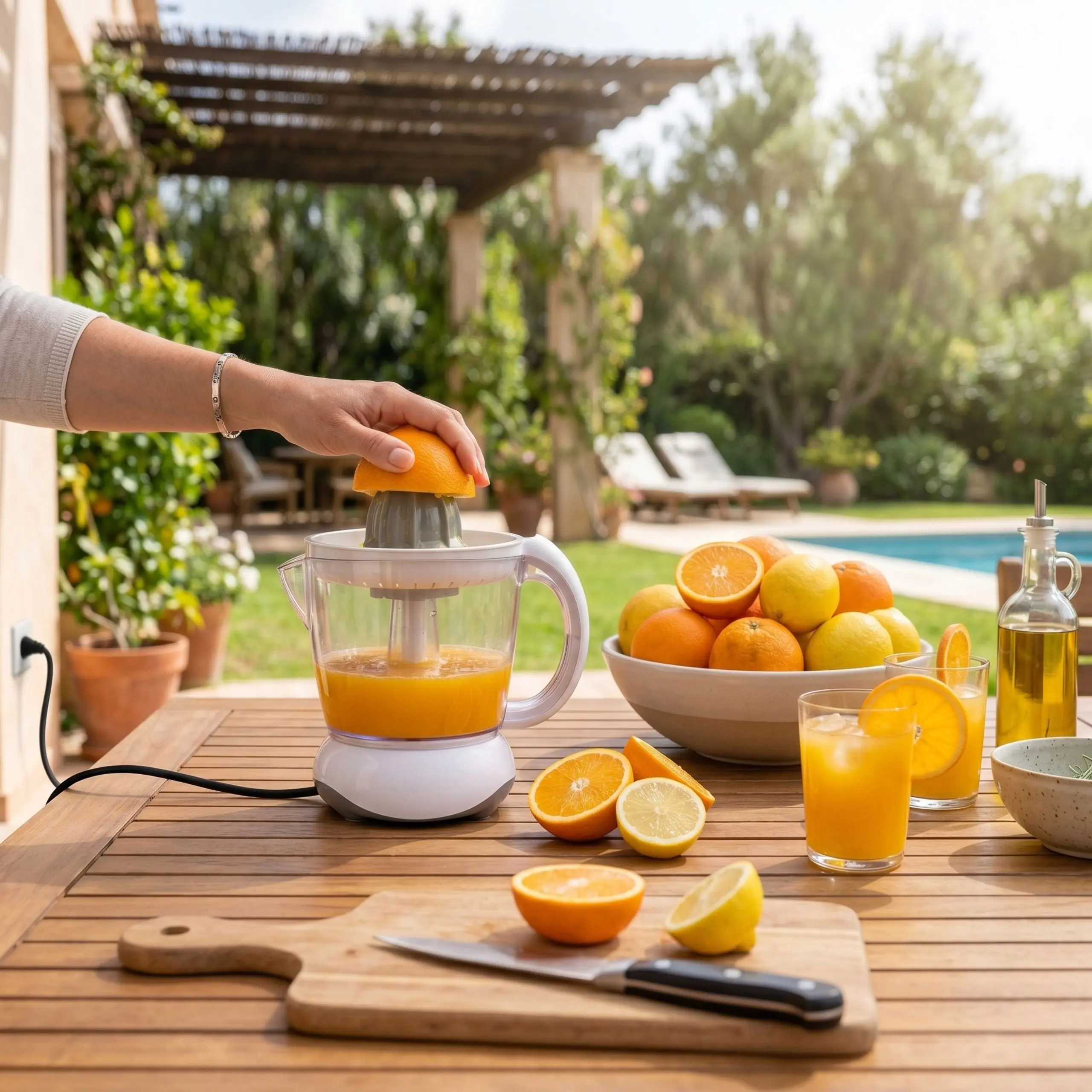 Zumo de naranja recién hecho al aire libre Exprimidor de naranjas portátil funcionando en una mesa de madera exterior con vasos de zumo fresco, ideal para desayunos saludables en familia.