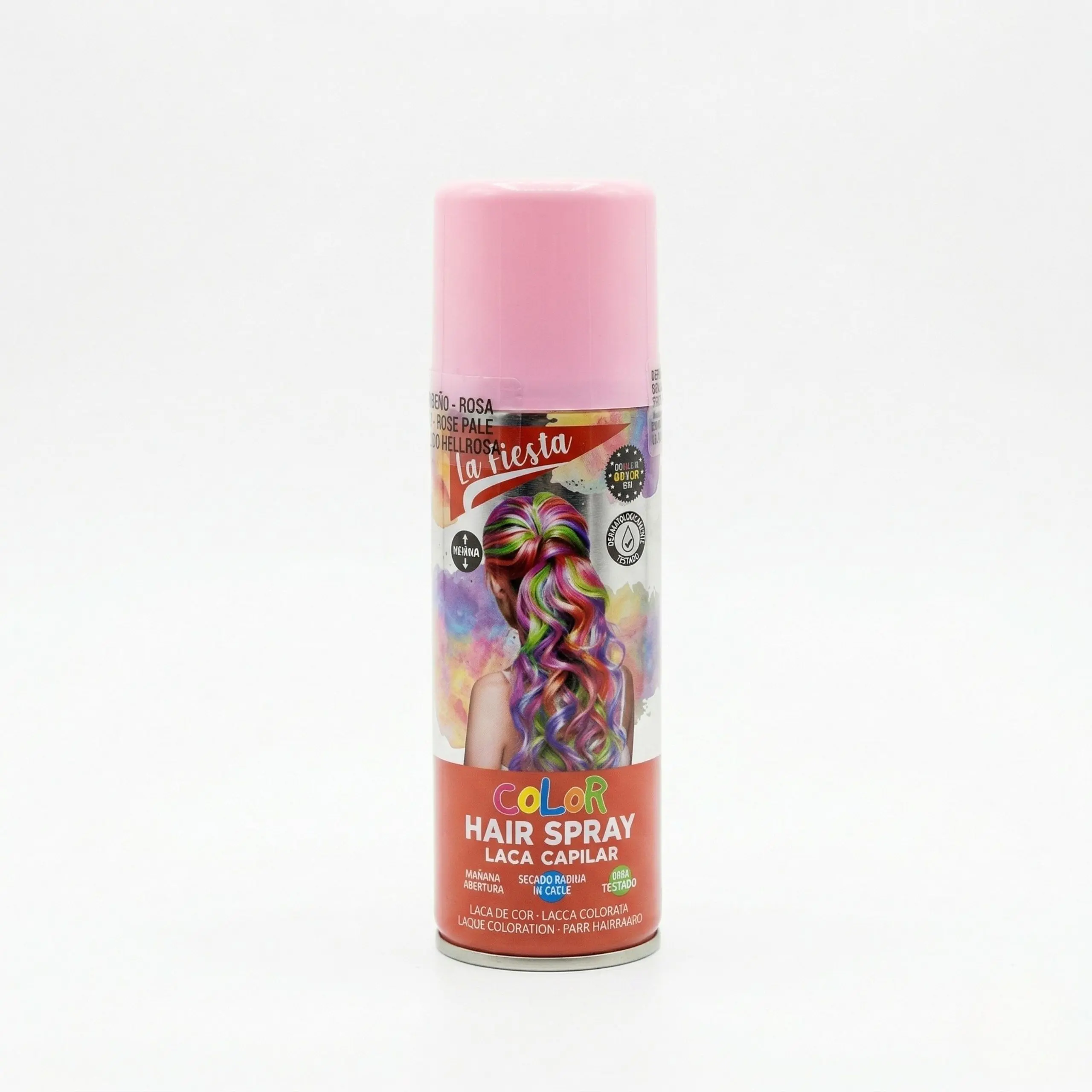 Una lata de spray de color para el cabello "La Fiesta" en tono rosa, con tapa rosa y una ilustración de una modelo con cabello multicolor sobre un fondo blanco limpio.
