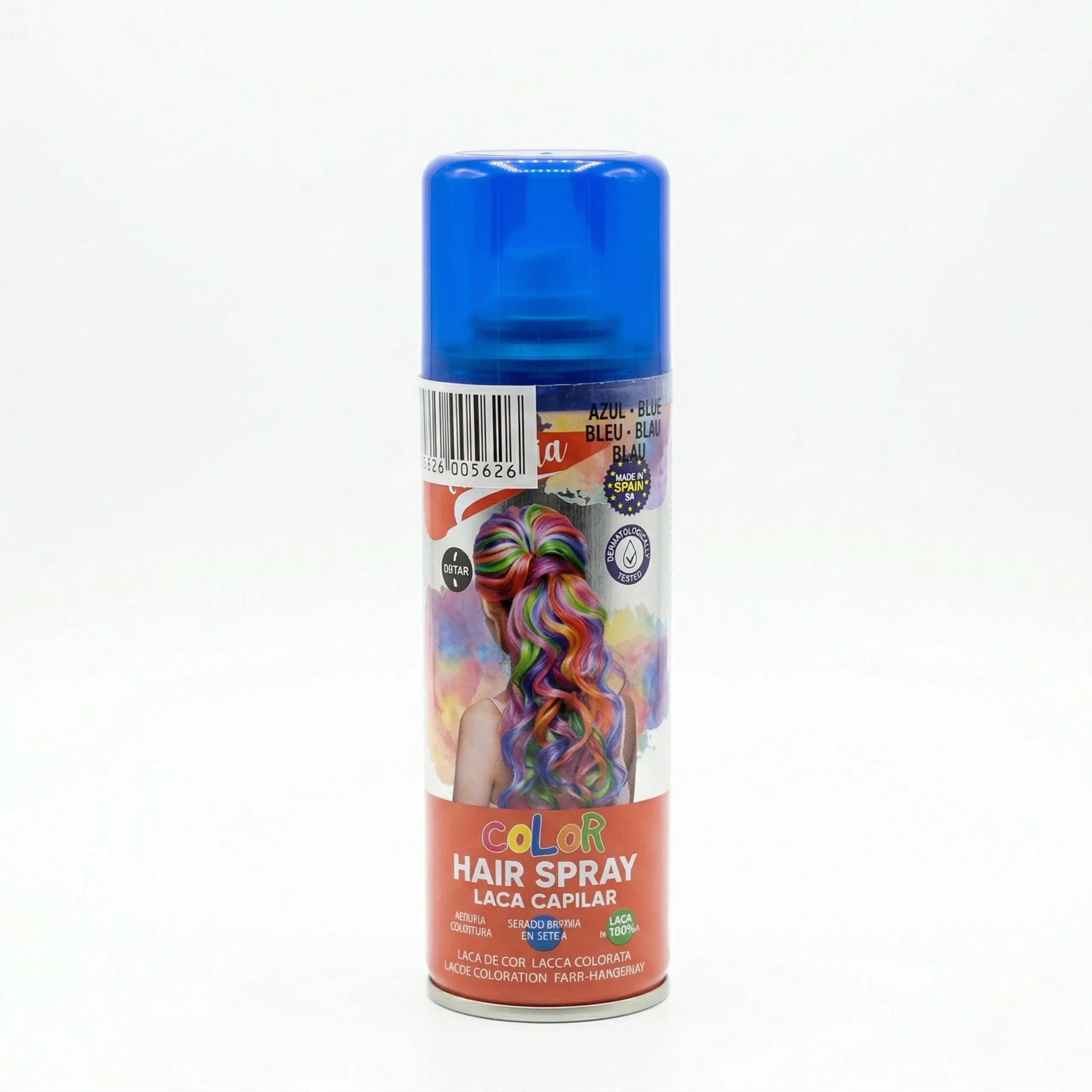 Bote de laca capilar de color azul claro temporal marca La Fiesta, fabricado en España, ideal para cambios de look rápidos.