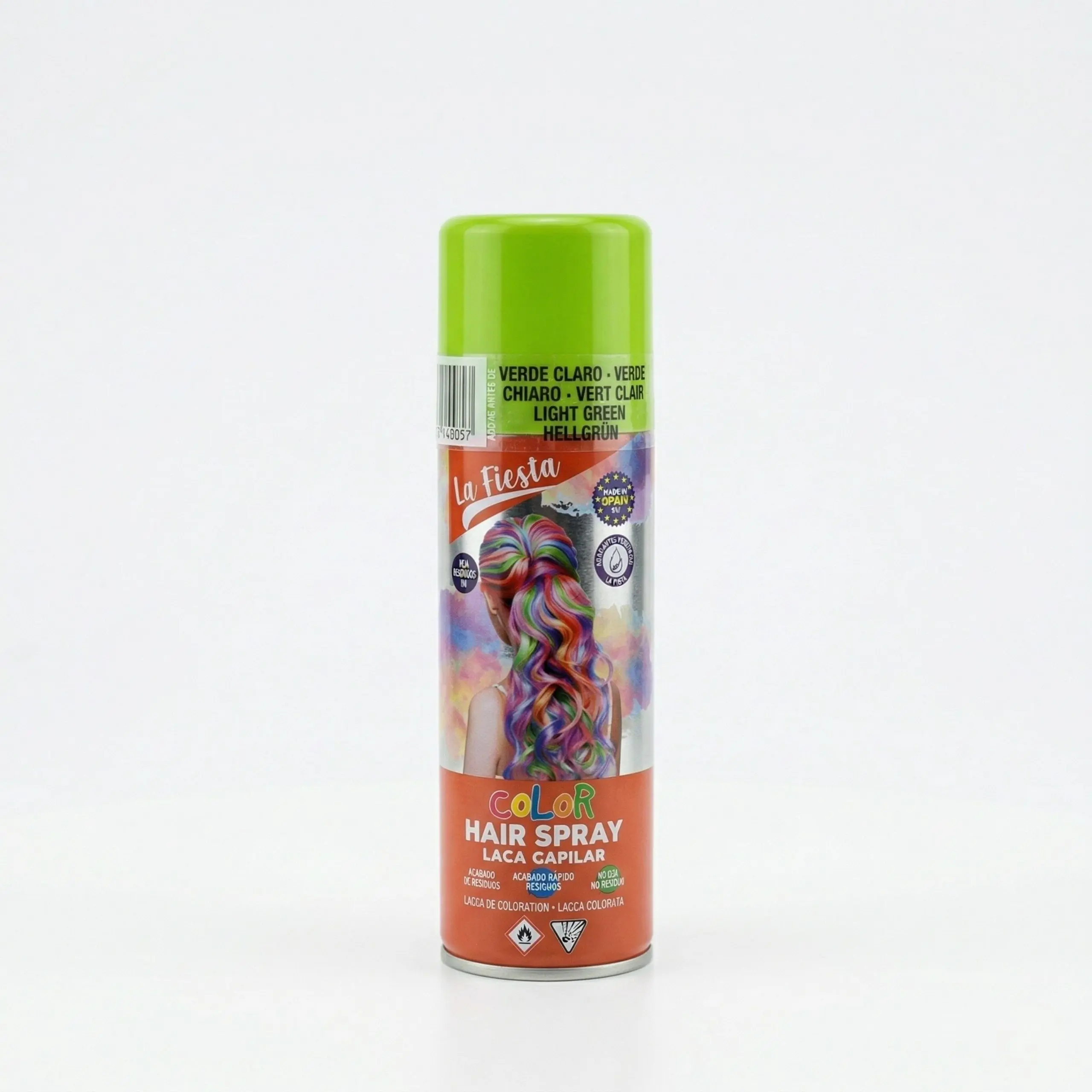 Bote de laca de color para el pelo verde claro marca La Fiesta con acabado uniforme y fácil de lavar.