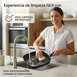 Limpieza de sartén asador bajo el grifo con esponja suave, destacando su facilidad de lavado y resistencia al uso diario.