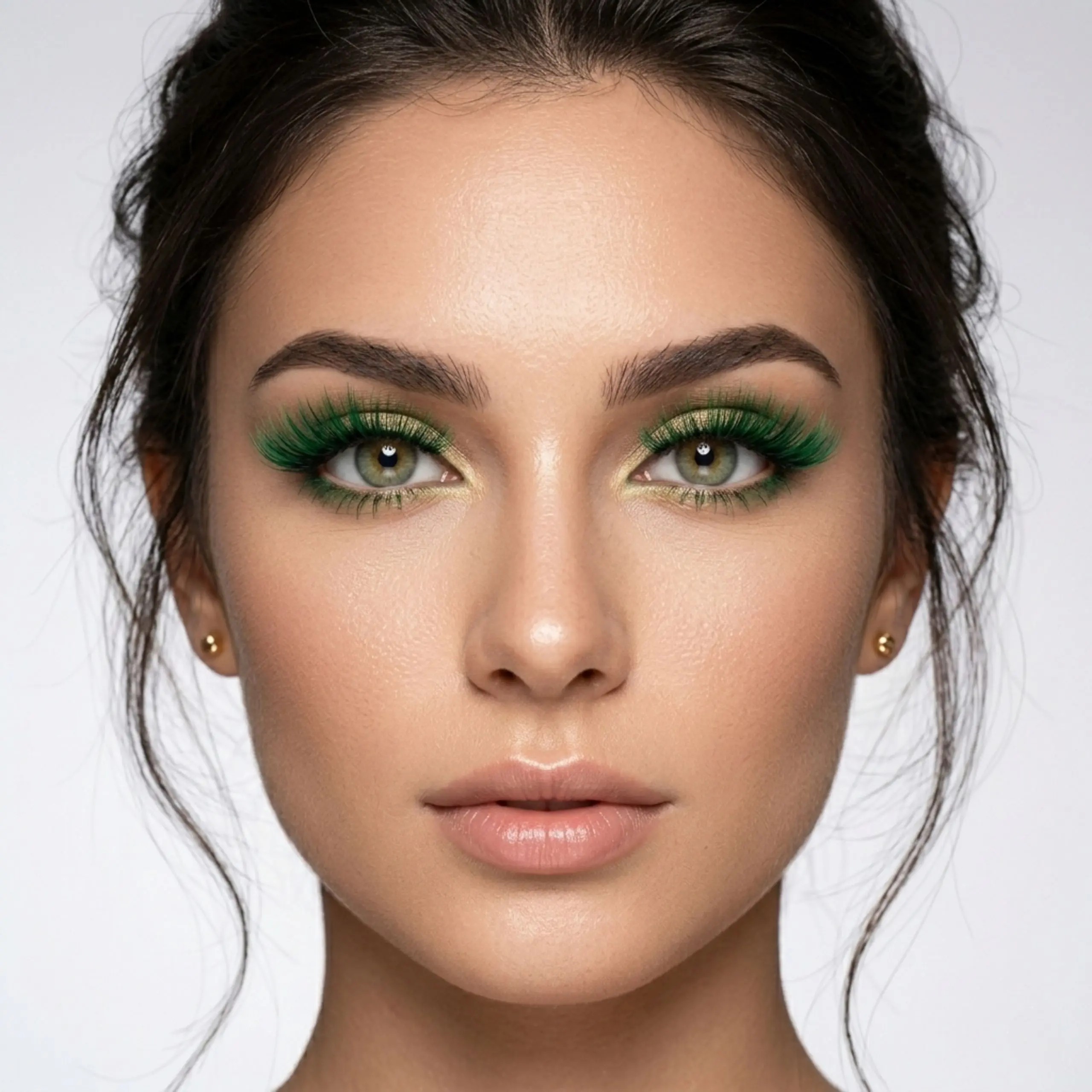 Primer plano de modelo con maquillaje de ojos resaltado por pestañas postizas verdes de varias capas y volumen extremo.