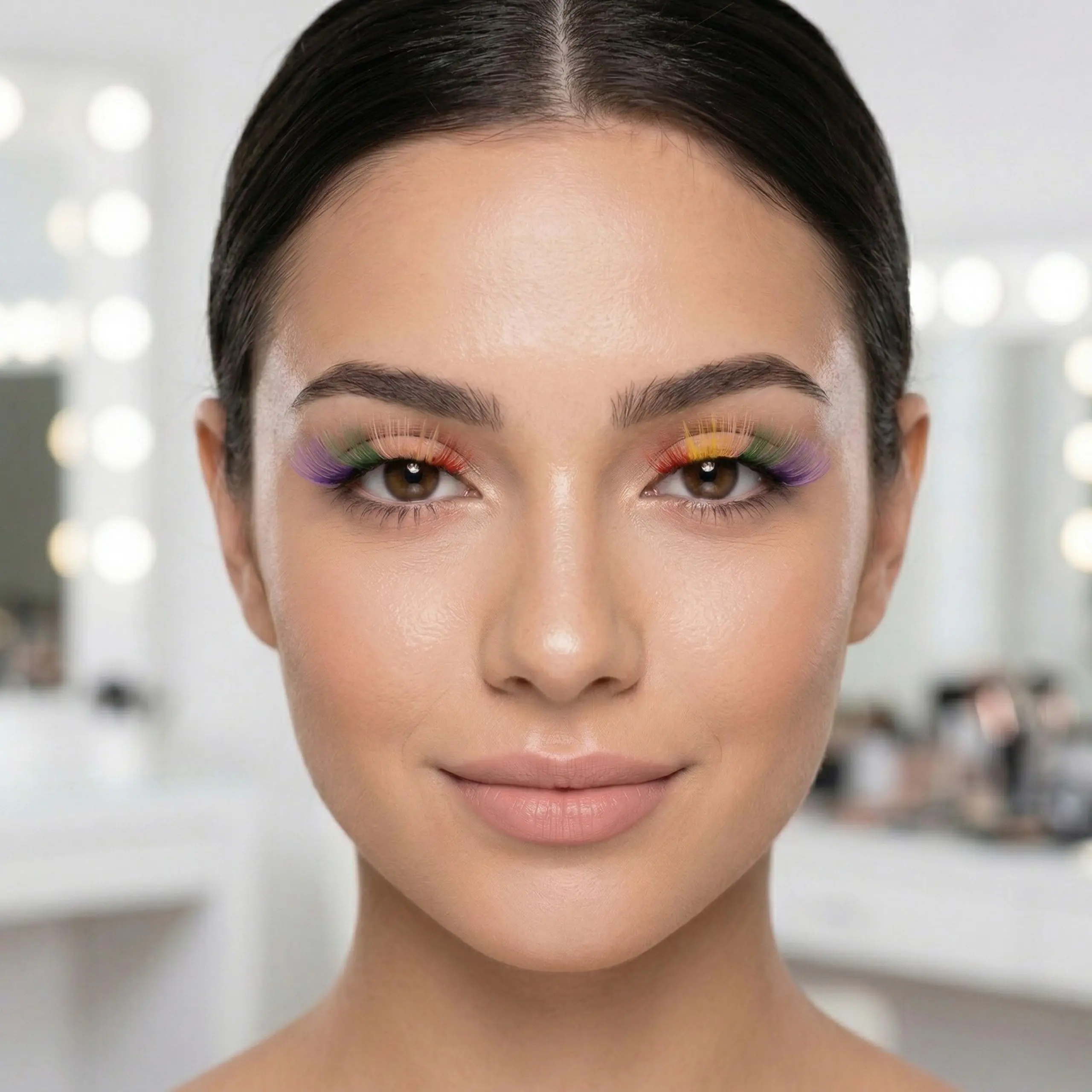 Look de Maquillaje con Pestañas Multicolor Primer plano de una mujer luciendo pestañas postizas arcoíris para un look de maquillaje de fantasía y festivales.