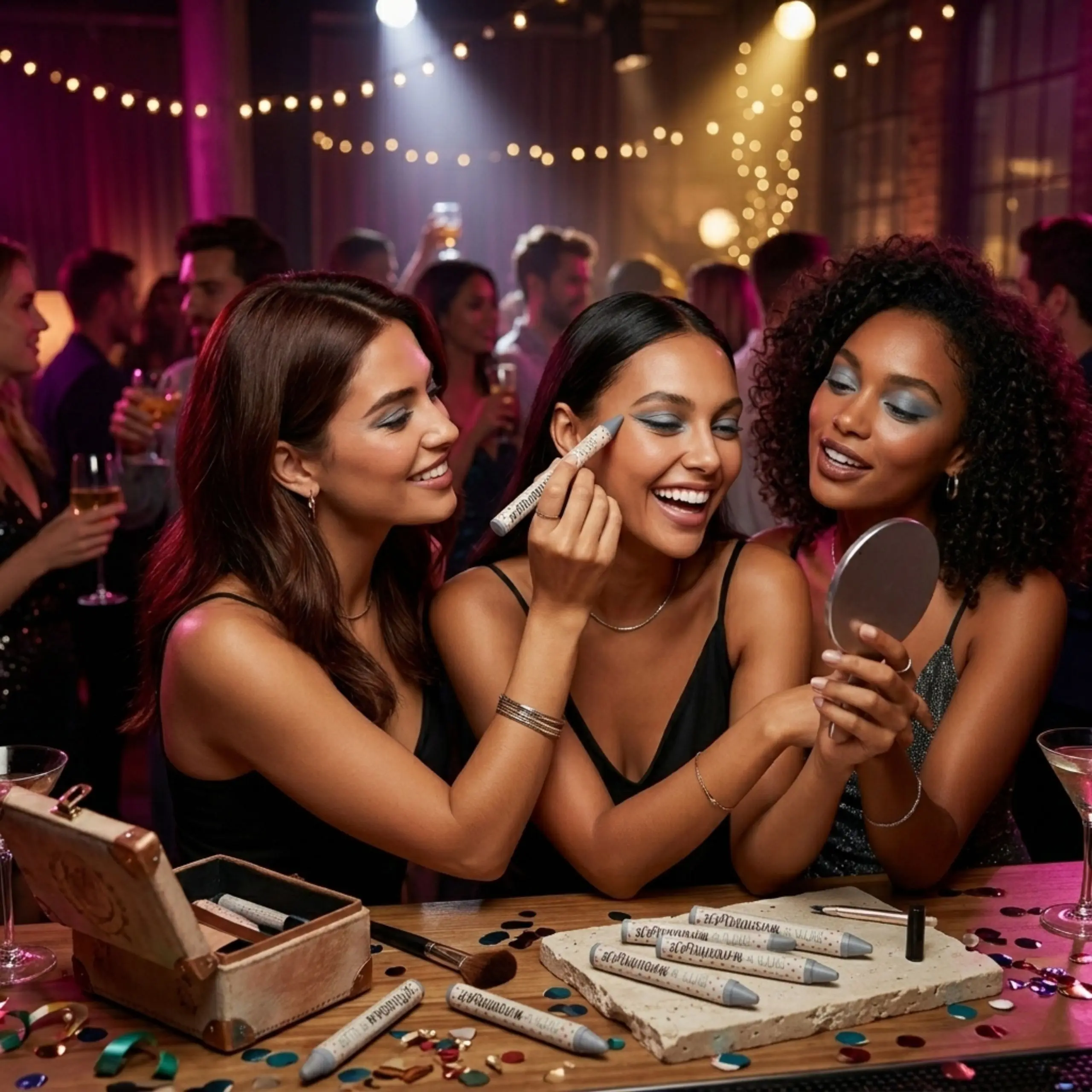 Tres amigas usando el kit de maquillaje en barra gris para un look de noche duradero y resistente al sudor en un evento.
