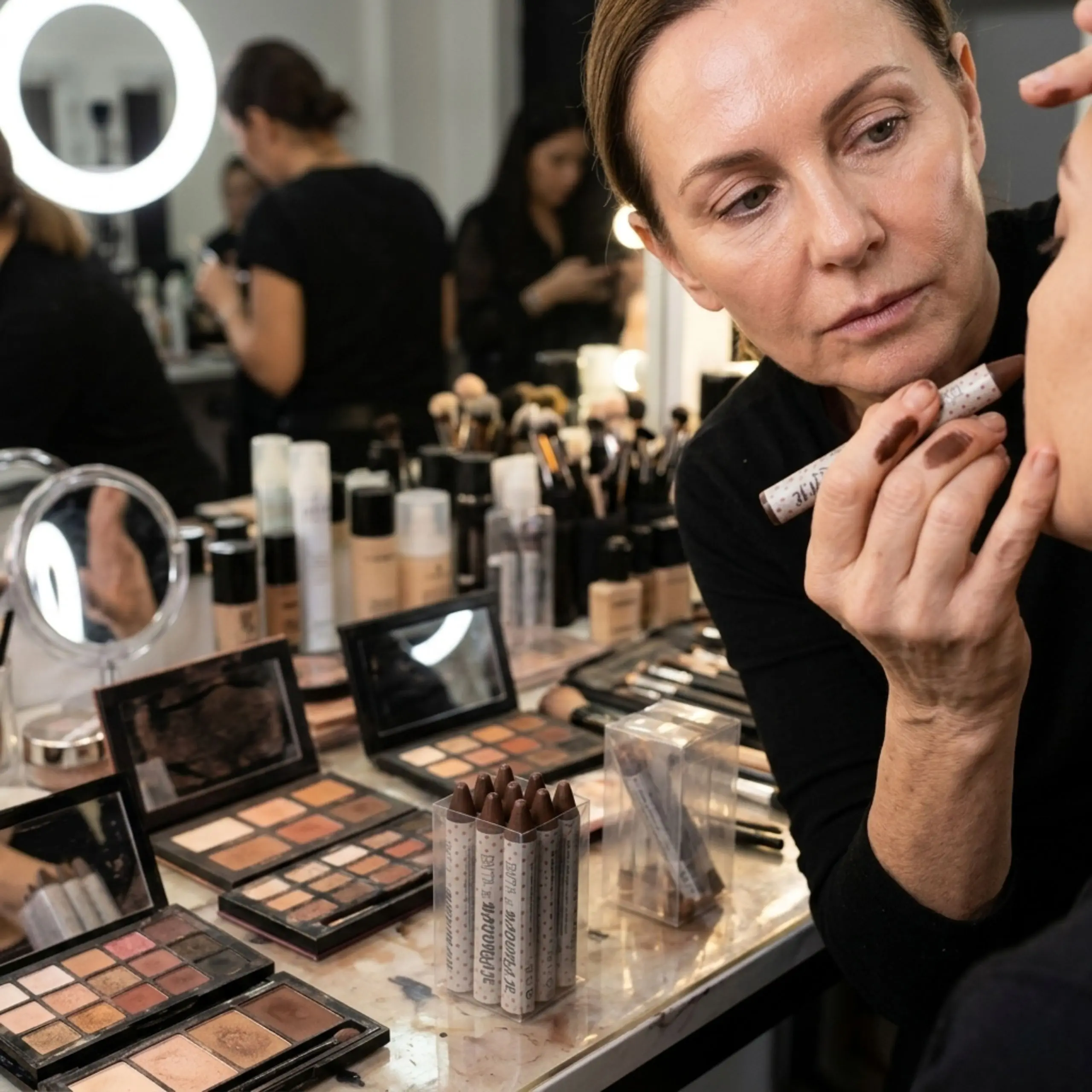 Maquilladora profesional aplicando la barra de maquillaje marrón de larga duración en un estudio de belleza.