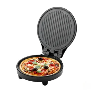 Horno eléctrico para pizzas EDM NET3606 de 1200W con placas antiadherentes y diseño circular negro.