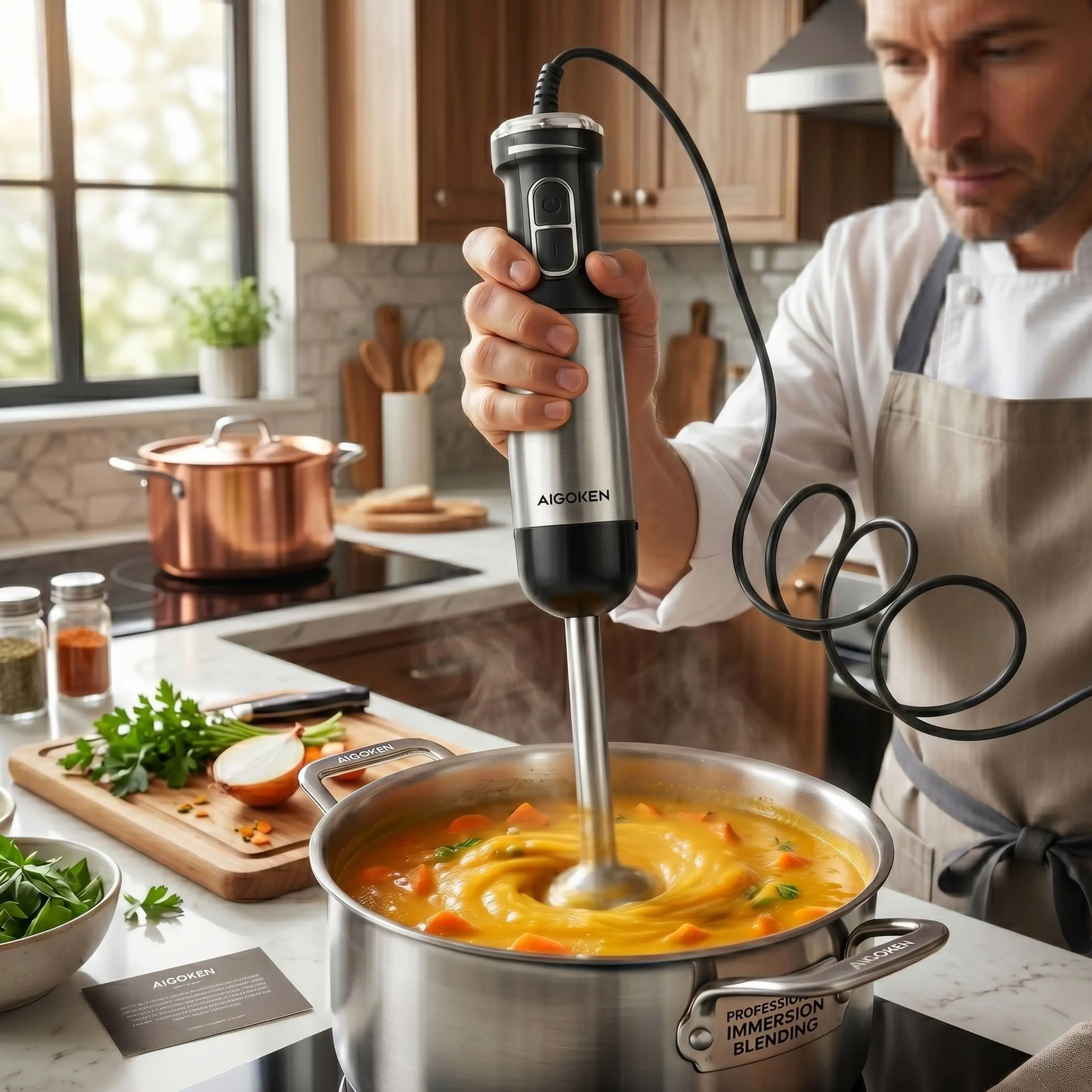Batidora resistente al calor para cremas y sopas Chef utilizando batidora de mano de acero inoxidable directamente en una olla caliente para preparar una crema de verduras suave.
