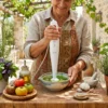 Batidora de brazo Kiwi 200W triturando ingredientes frescos en una cocina rústica, ideal para purés, cremas y recetas saludables.