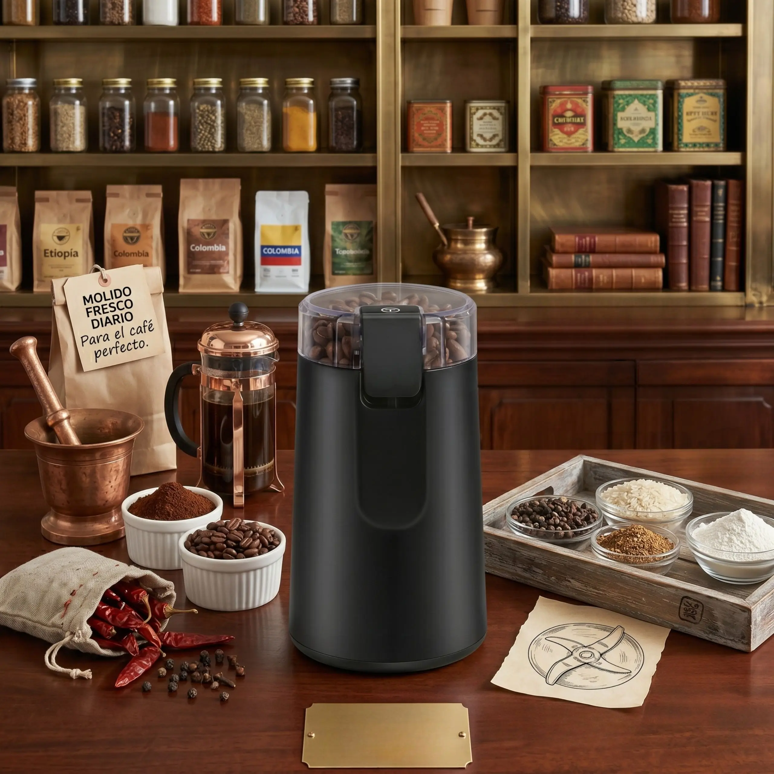 Molino de Café Diario para Prensa Francesa Molinillo de café integrado en una decoración de cocina con una prensa francesa y bolsas de café de origen, ideal para molienda fresca diaria.
