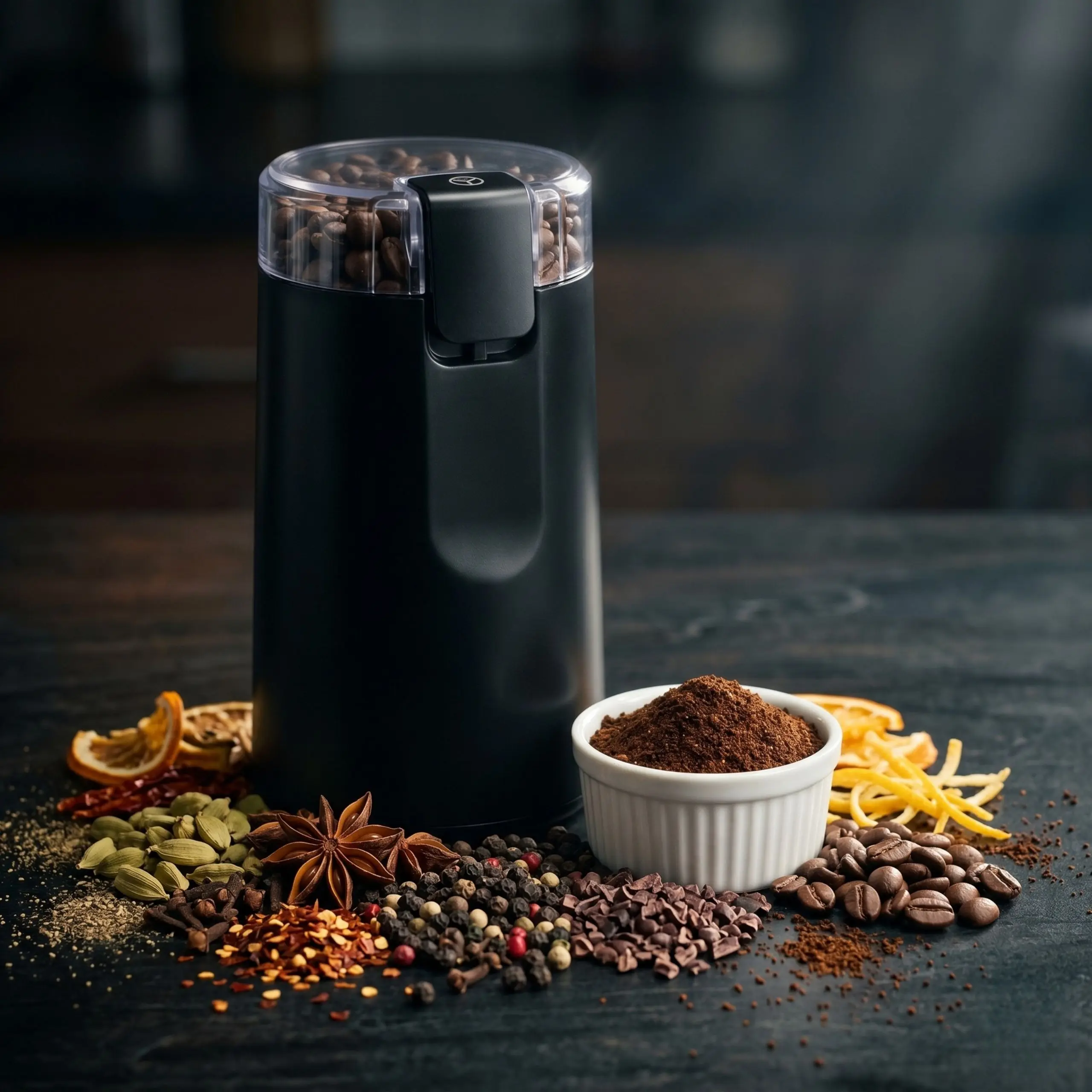 Molino para Especias, Chiles y Semillas Molinillo eléctrico multifunción rodeado de pimienta, canela, cardamomo y granos de café, demostrando su versatilidad para condimentos.
