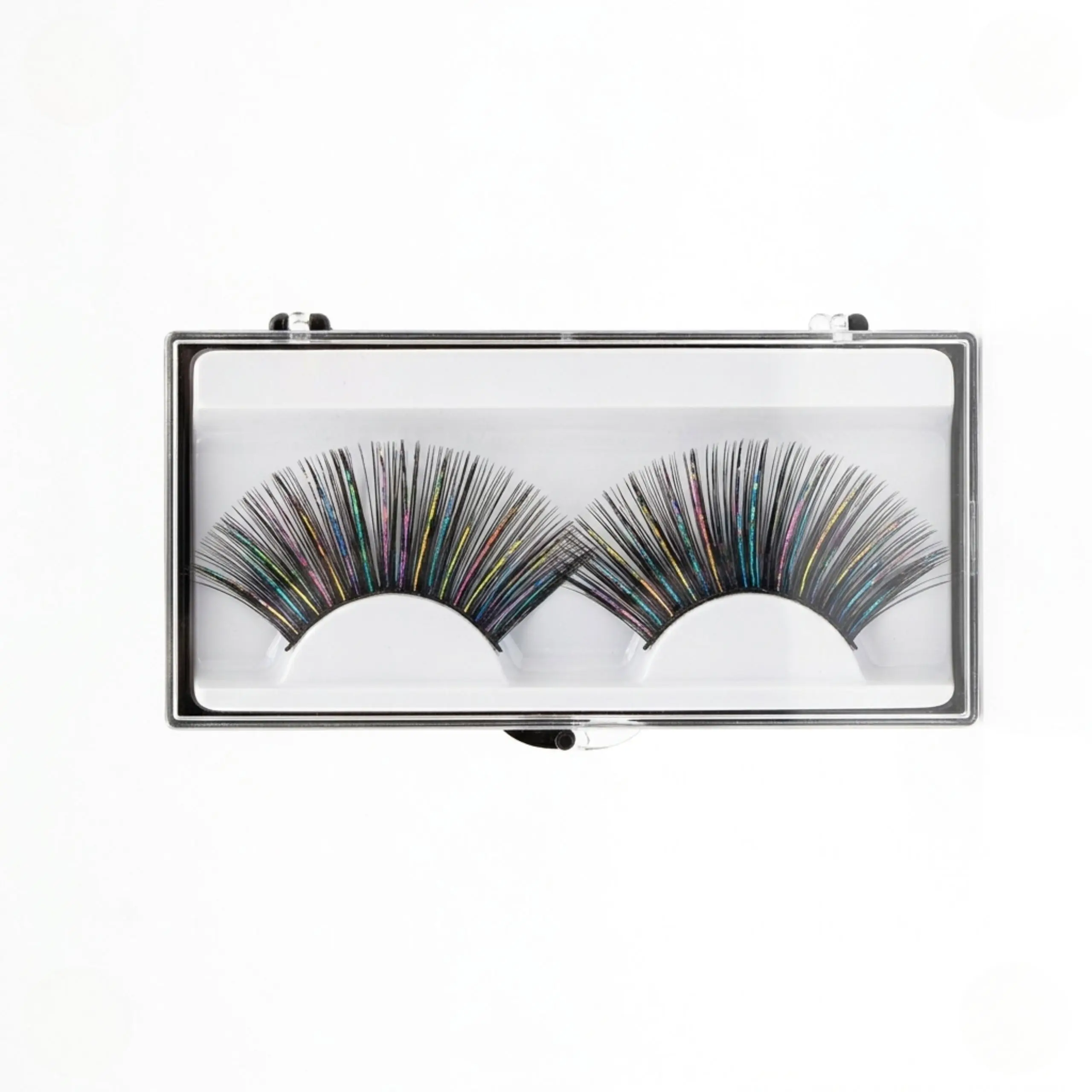 Pestañas postizas efecto arcoíris con glitter holográfico en estuche transparente, ideales para comprar un look de festival profesional.