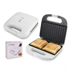 Sándwichera eléctrica marca Kiwi de 750W con placas antiadherentes y caja original, ideal para sándwiches con corte triangular.