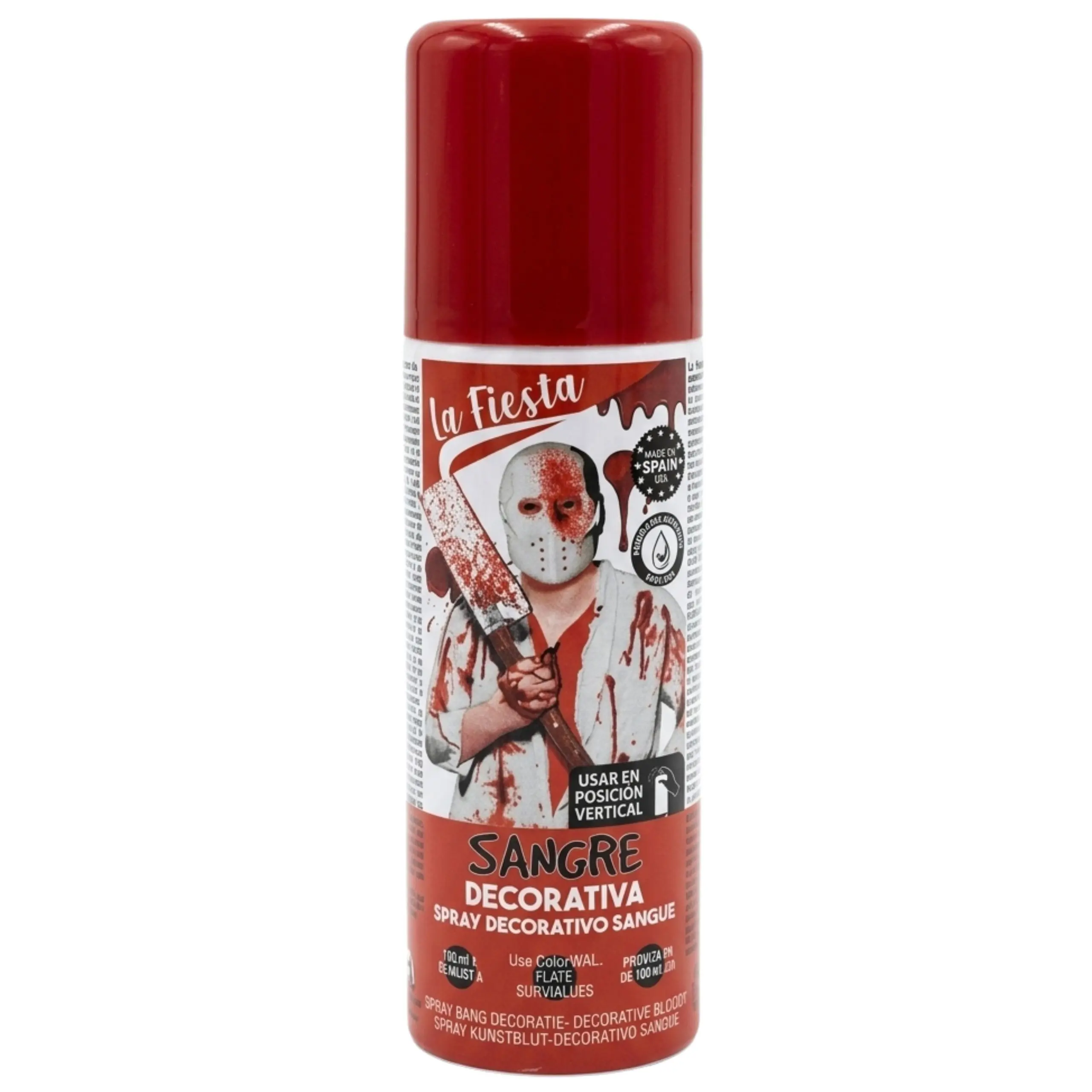 Spray de Sangre Decorativa La Fiesta Bote de spray de sangre decorativa de 100ml marca La Fiesta con diseño de personaje de terror con máscara de hockey y manchas de sangre.