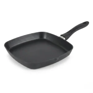 Sartén asador grill cuadrada de 28 cm con recubrimiento antiadherente negro y mango ergonómico de baquelita.