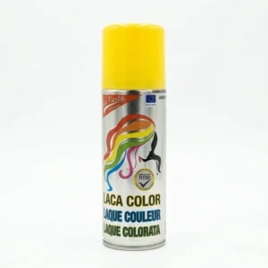 Bote de laca color amarillo para pelo con diseño de silueta de mujer y arcoíris, dermatológicamente testado y fabricado en la UE.