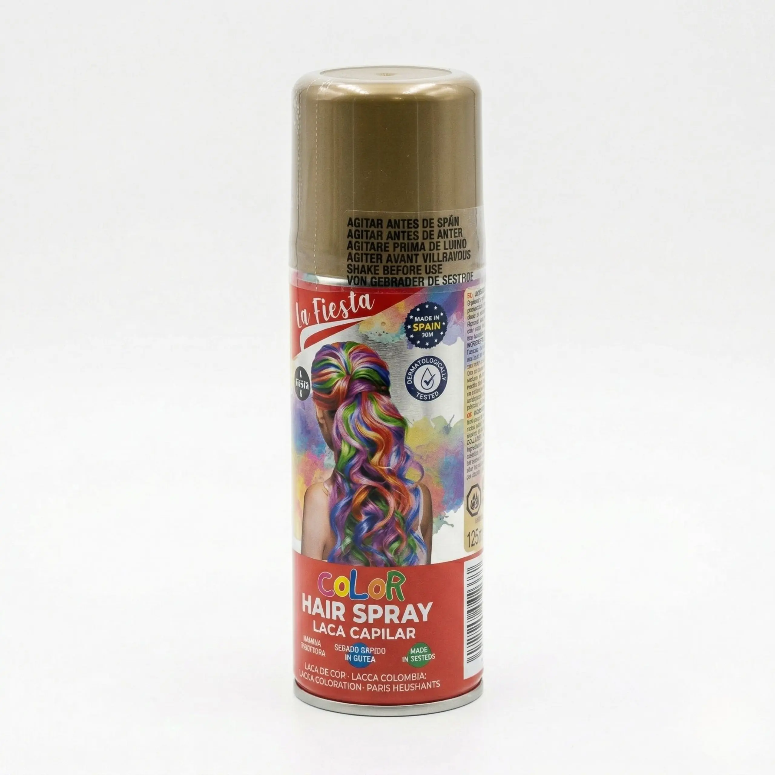 Bote de spray de color oro para pelo con etiqueta informativa, fabricado en España y dermatológicamente testado.