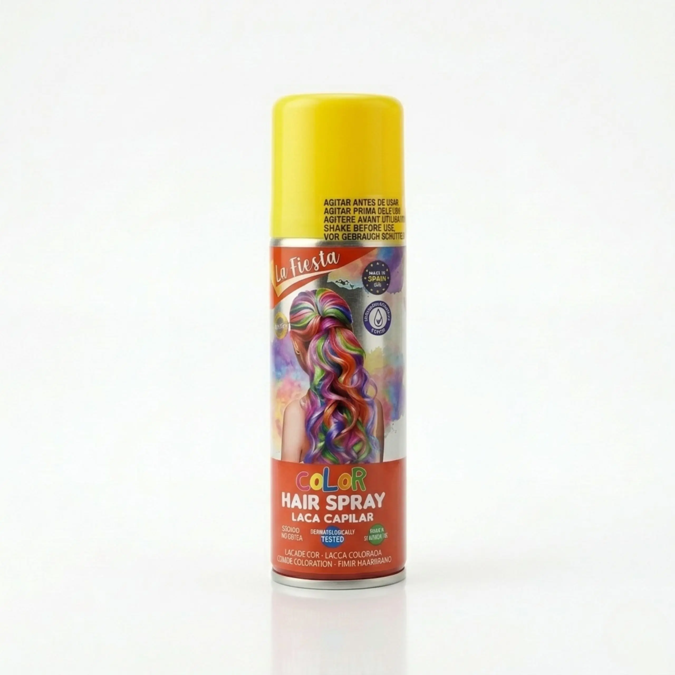 Bote de laca capilar de color amarillo marca La Fiesta, spray de color temporal para el cabello lavable y sin amoníaco.