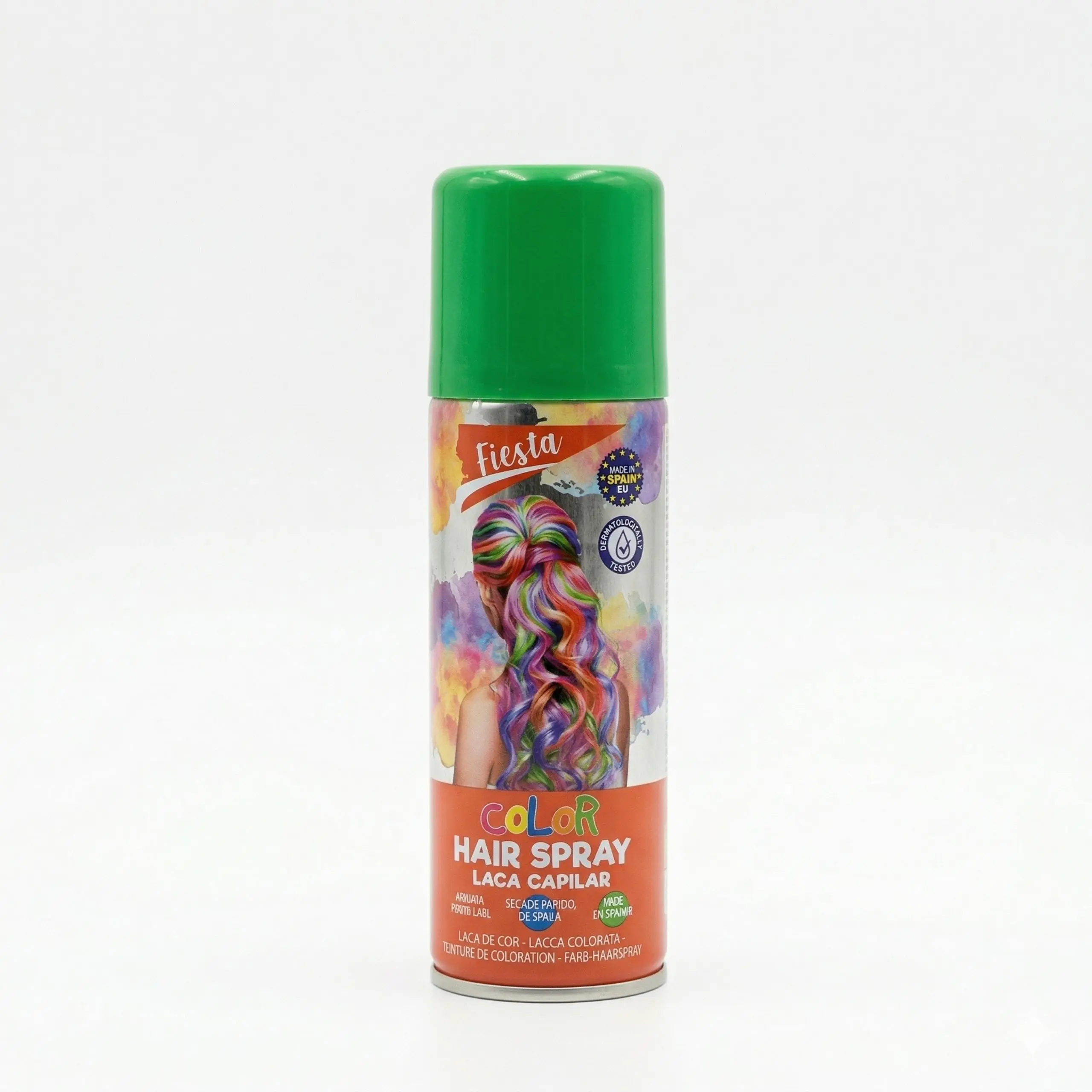 Spray Color Verde Pelo Fiesta – Bote Individual Bote de spray de color verde para el pelo marca Fiesta, laca capilar temporal y lavable con tapa verde sobre fondo blanco.