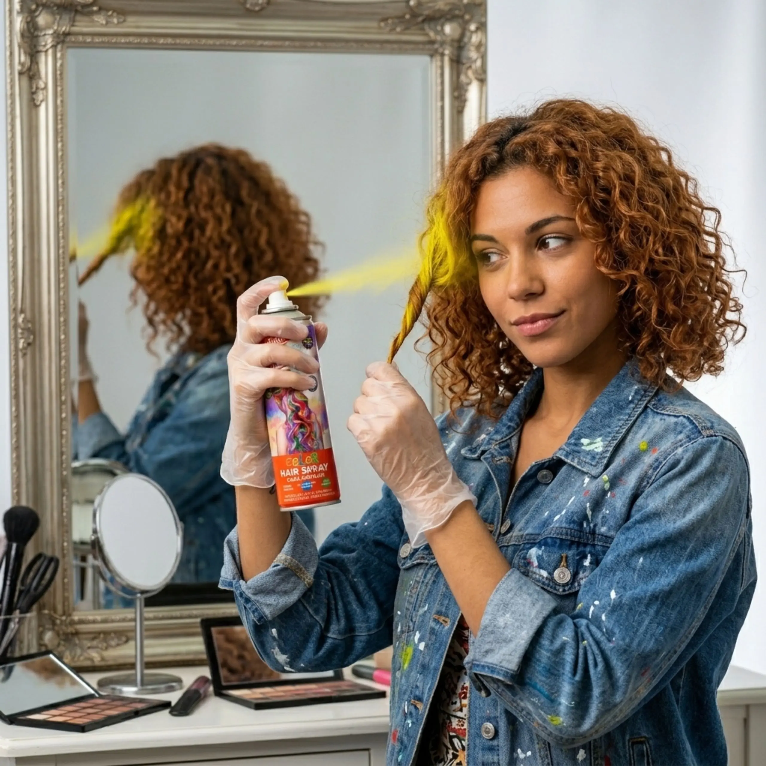 Persona usando spray de color amarillo frente al espejo para un cambio de look rápido, ideal para completar disfraces y looks de carnaval.