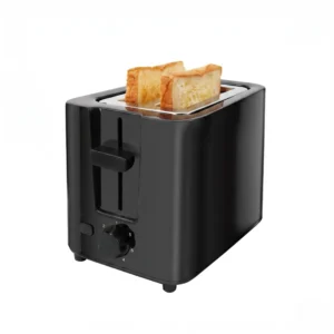 Vista frontal de tostadora eléctrica de 2 ranuras cortas en color negro mate, diseño compacto para ahorrar espacio en la cocina.