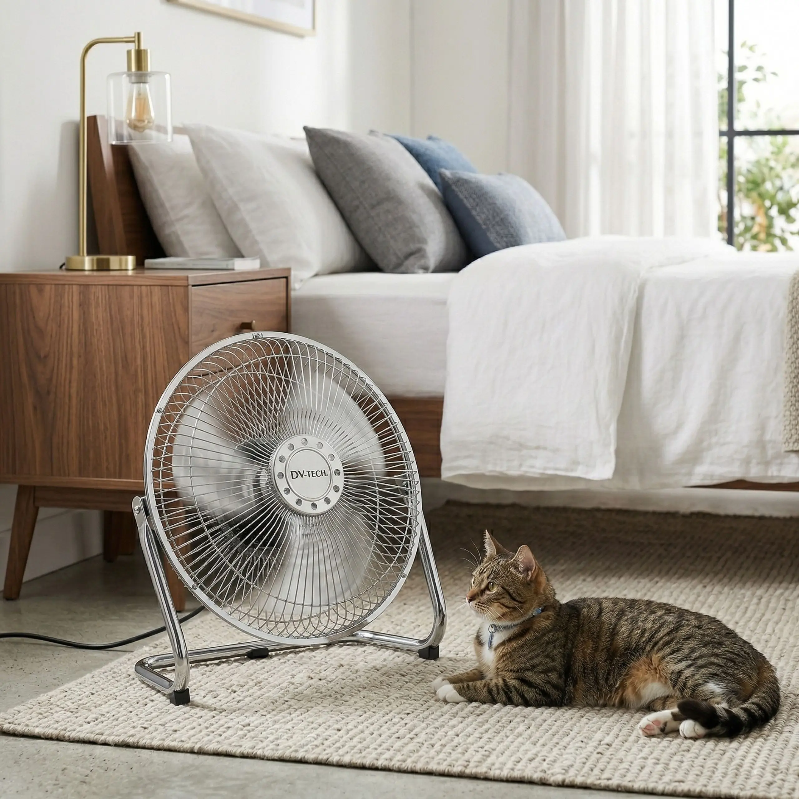 Gato descansando frente a un ventilador de suelo metálico industrial DV-TECH en un dormitorio iluminado y acogedor.
