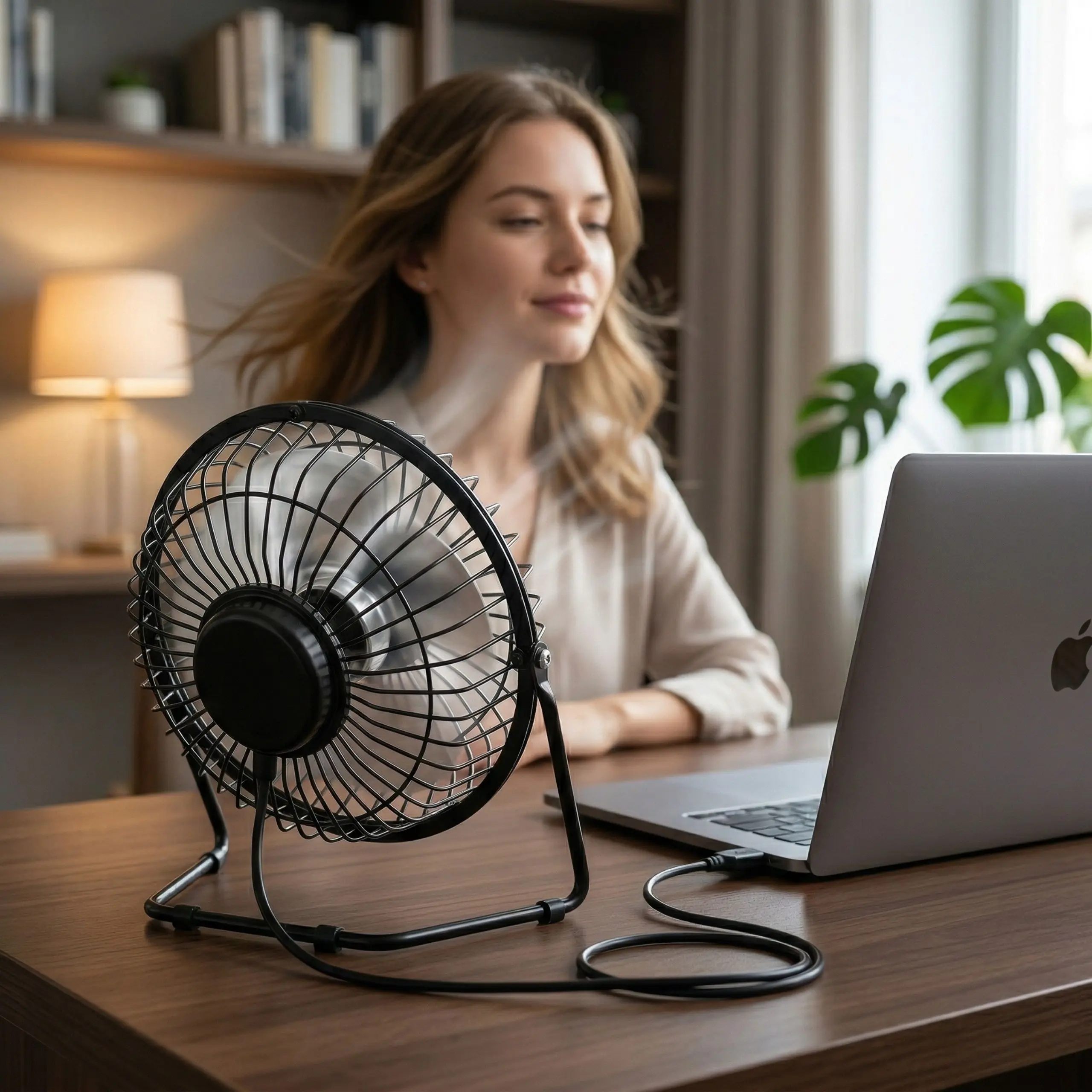 Mujer trabajando en escritorio con un mini ventilador USB conectado a su laptop para refrescar el ambiente de trabajo.