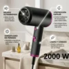 Beneficios y funciones del secador de pelo iónico 2000W Infografía detallada de secador de pelo profesional 2000W, destacando secado rápido, tecnología iónica, control de temperatura y diseño ligero.