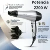 Infografía de secador de pelo Posta 2200W mostrando potencia, difusor para rizos, control de temperatura y botón de golpe frío.