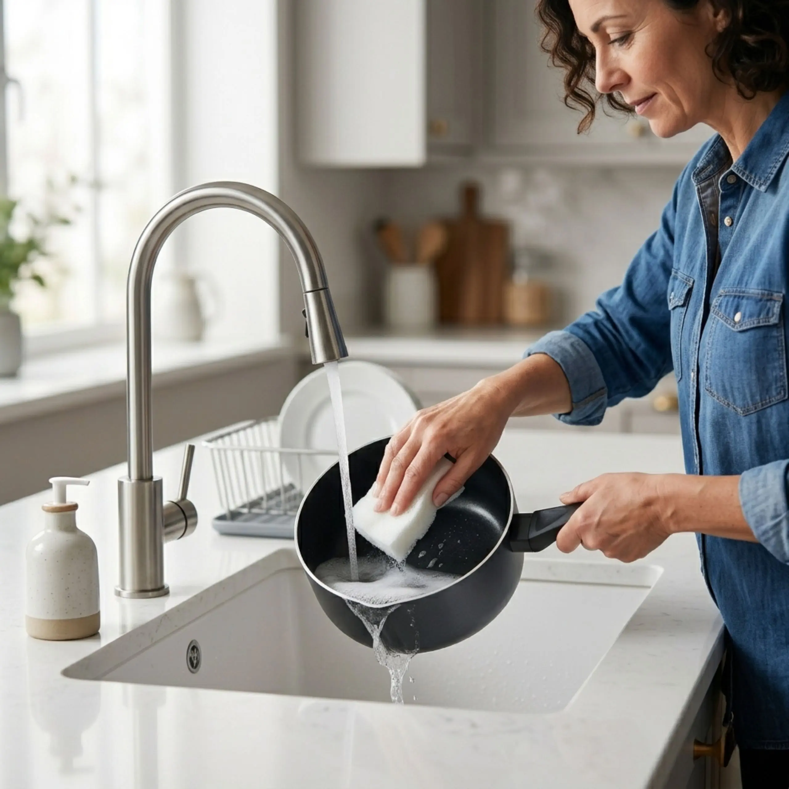 Limpieza fácil del cazo antiadherente Mujer lavando a mano un cazo de cocina pequeño antiadherente negro bajo el grifo del fregadero con una esponja suave, demostrando la facilidad de limpieza de la superficie libre de PFOA.