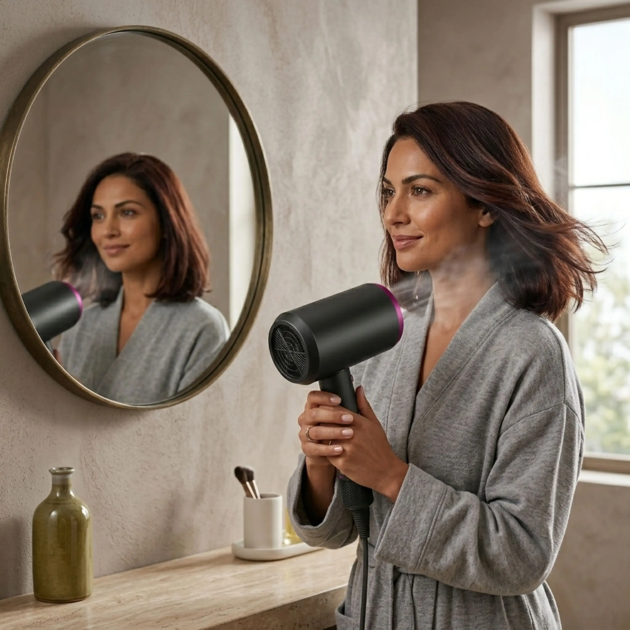 Cómo usar un secador iónico profesional en casa Mujer usando un secador de pelo profesional de 2000W frente al espejo para obtener un acabado de salón con tecnología iónica.